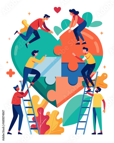 Colorful illustration of diverse individuals assembling puzzle pieces to form a heart, symbolizing unity, kindness, and global giving for International Day of Charity celebration