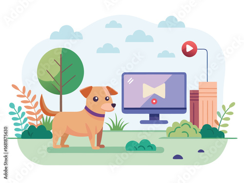 Adorable puppy watches a video on a computer screen outdoors in a park setting
