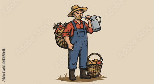 Vintage illustration of a hardworking farmer with a fresh harvest of fruit and vegetables taking a refreshing drink