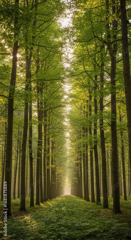 Obraz premium Lush green forest pathway with tall trees and sunlight breaking through the canopy