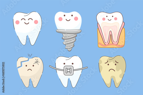 Dental Care and Oral Health Vector Set. cute kawaii smiling teeth with faces. Healthy Teeth, Tooth with Braces, Implant, Anatomy Cross-Section, Cartoon Molar. Dentistry concept set