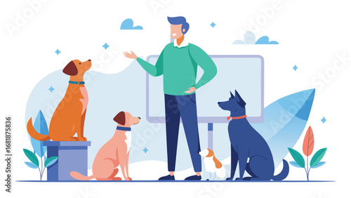 Professional dog trainer instructing multiple dogs in a class or training session