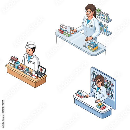 Pharmacists working at drugstore counters.