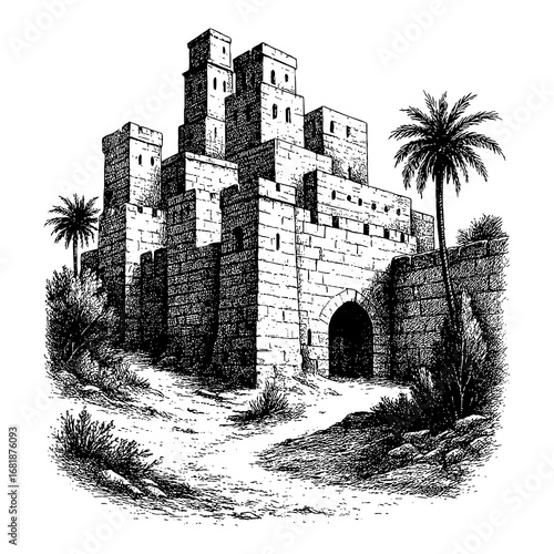 The Holy Land - a panoramic sunset view of the ancient biblical city of Bethlehem or Nazareth with traditional stone architecture, palm trees, and a historic atmosphere.