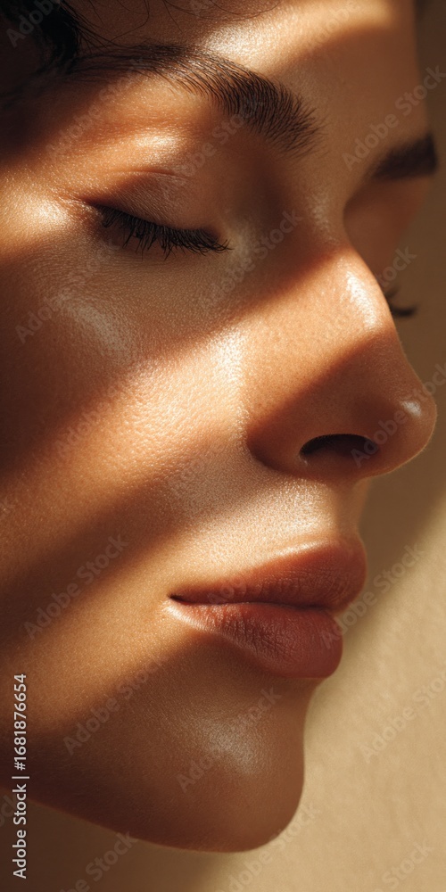 Obraz premium professional stock photo, closeup photo, beauty salon environment, beige colors, a woman face with shadows, eyelash lifting