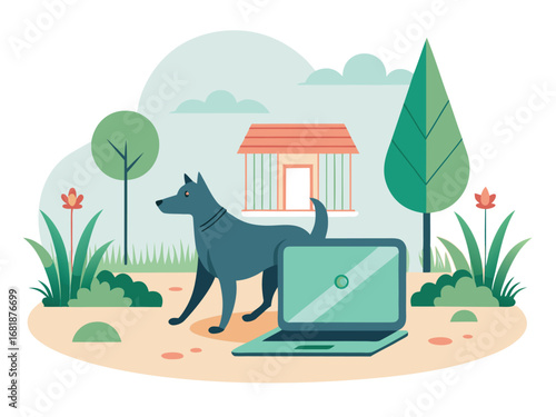 Obedient dog with laptop in a sunny outdoor setting with stylized trees and house