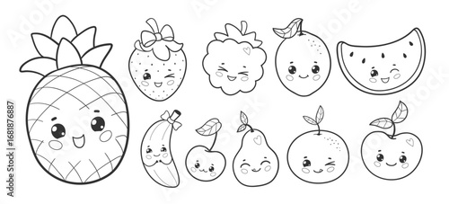 Vector illustration of black and white cute fruit characters with smiling faces. Hand drawn line art collection.