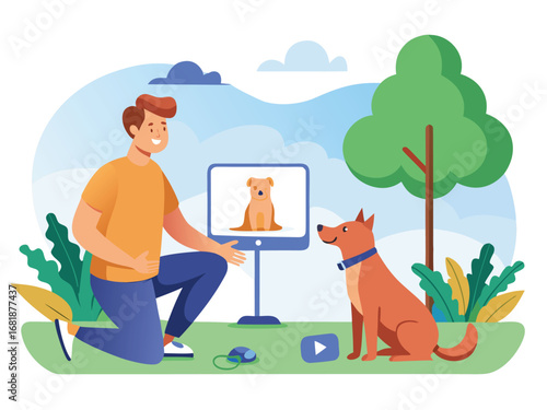 Man trains dog using online video tutorial in outdoor park setting