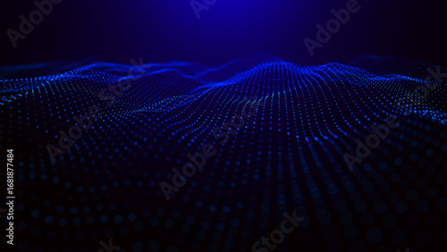An abstract colorful wave of glowing dots that creates the illusion of moving waves on a dark background. The visualization resembles a dynamic vector 3D wave that combines technology, art of the futu
