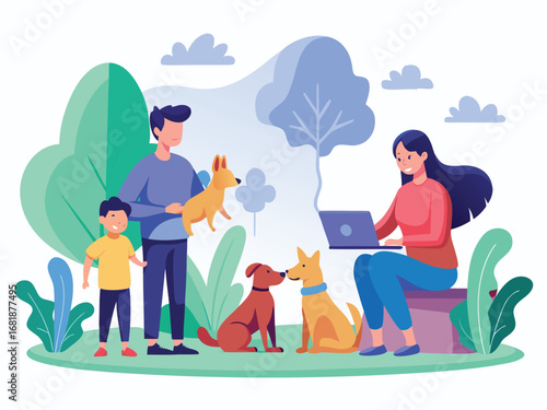 Happy family teaching dogs outdoor fun park learning companionship connection