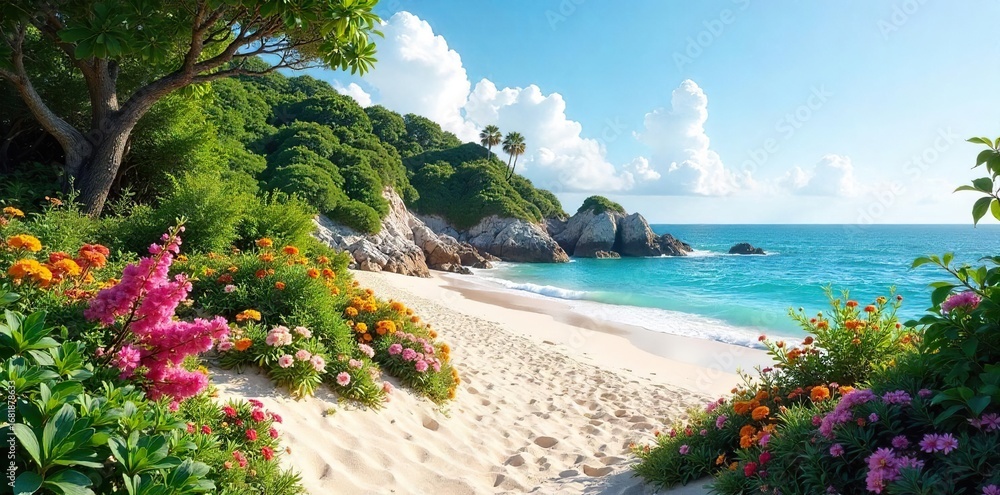 Naklejka premium Serene coastal garden thrives near the ocean Lush plants, vibrant flowers, and sandy beach create a tranquil oasis Perfect for relaxation and escape , sunshine, harmony
