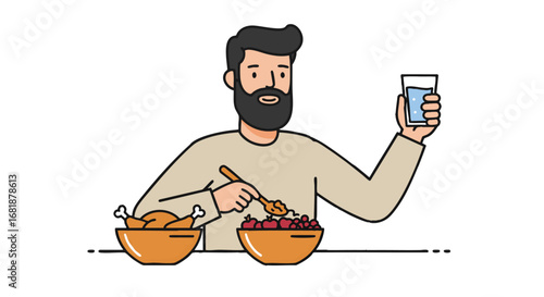 Man Enjoying Healthy Meal with Chicken and Berries, Illustrated with a Glass of Water