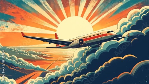 Vintage airplane sunrise flight