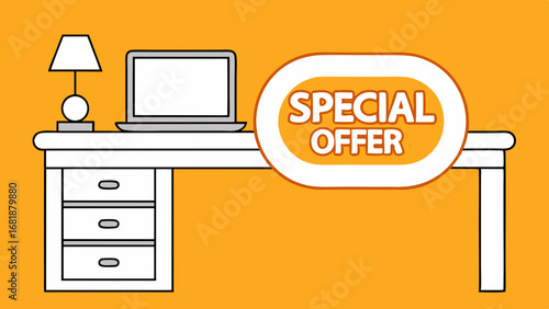 Vector illustration of a modern desk with a special offer sign for office furniture sales