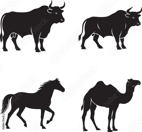 Silhouette Animals Vector Illustration Featuring Bulls Horse and Camel for Agricultural Themes