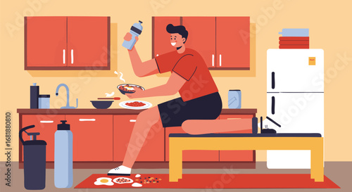 Athlete at Home Eating Nutritious Post-Workout Meal in Kitchen