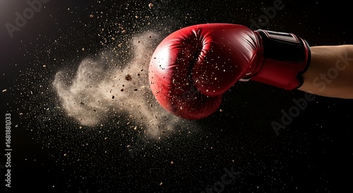 Powerful punch with a red boxing glove on black background.