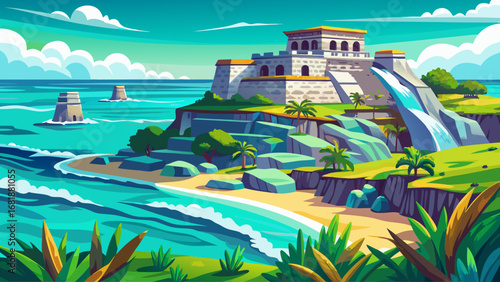 Tulum’s Mayan ruins, Mexico, rest on seaside cliffs overlooking turquoise waters. Ancient stone walls contrast ocean waves; semi-realistic flat vector emphasizing cultural heritage, coastal drama, and