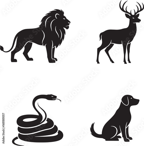 Silhouetted animals including a regal lion a noble deer a coiled snake and a loyal dog