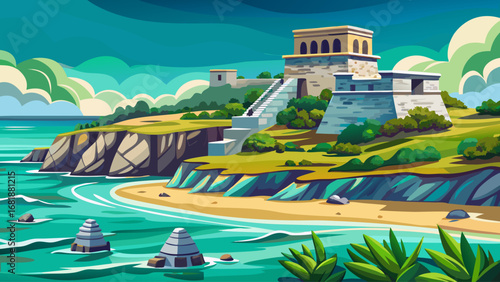 Tulum’s Mayan ruins, Mexico, rest on seaside cliffs overlooking turquoise waters. Ancient stone walls contrast ocean waves; semi-realistic flat vector emphasizing cultural heritage, coastal drama, and