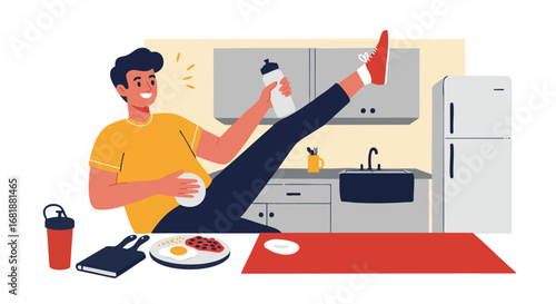 Energetic man enjoying a healthy breakfast and a post-workout drink in a bright kitchen setting