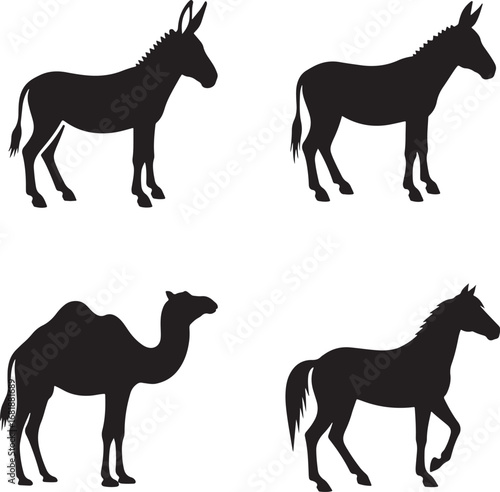 Silhouetted farm and desert animal collection featuring donkey mule camel and horse