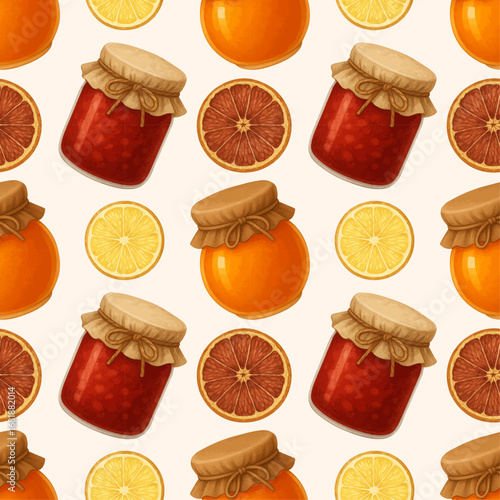 Seamless pattern with jars of jam and dried citrus slices, creating a cozy rustic kitchen design ideal for packaging and festive food projects.