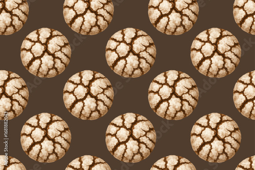 Seamless pattern with crinkle cookies on a dark background, creating a festive and cozy dessert design for bakery and sweet packaging.