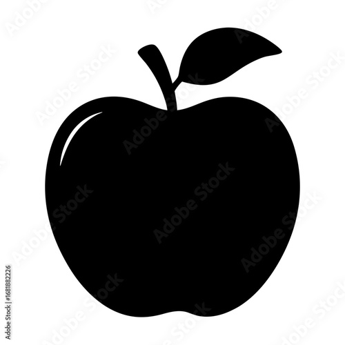 A Black Apple Silhouette with a Stem and Leaf on a White Background