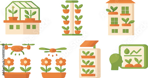 Urban Farming Icons and greenhouse