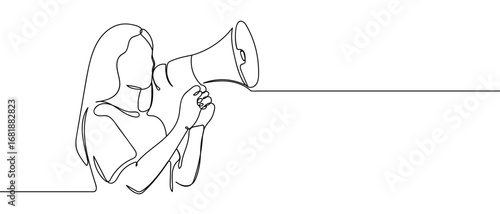 Continuous line of woman holding megaphone. Single line art hand drawn vector. Editable stroke.