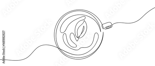 Continuous line of teacup top view. Single line art hand drawn vector. Editable stroke.