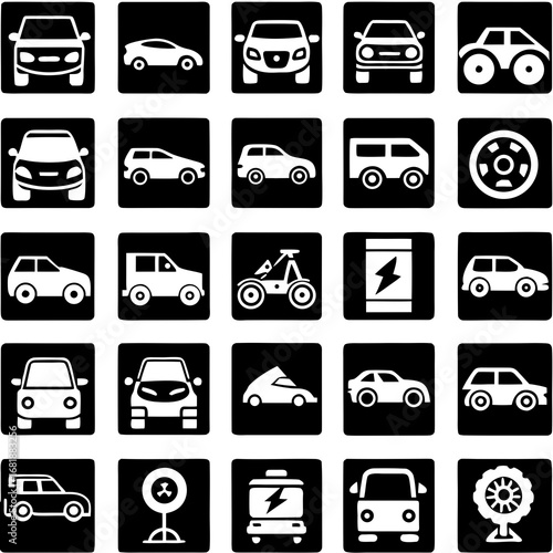Grid of white vehicle and transportation icons on black squares