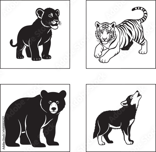 Wild Animals Lion Tiger Bear Wolf Vector Set Black and White Silhouettes