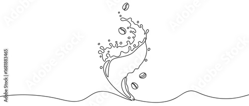 Continuous line of coffee splashing in a spiral with coffee beans around. Vector hand drawn line art. Editable stroke.