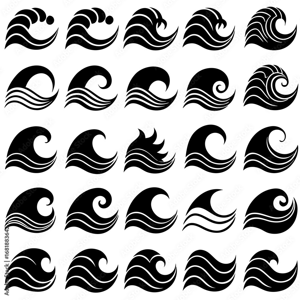 Fototapeta premium Diverse Collection of Stylized Black and White Wave Icons water wave ocean wave