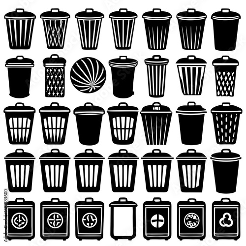 Collection of black trash can and bin icons with various designs and patterns garbage can waste bin