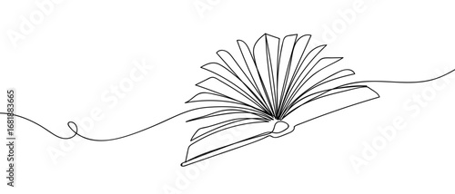 Continuous line of an open book floating in the air. Hand drawn vector art line. Editable stroke.