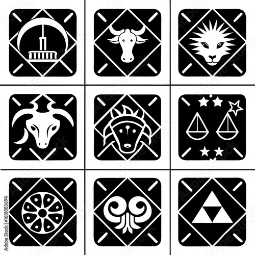 Nine black and white graphic icons depicting zodiac signs and symbols astrology