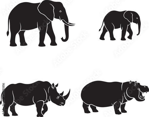 African animals silhouette featuring elephant rhinoceros and hippopotamus graphic illustration