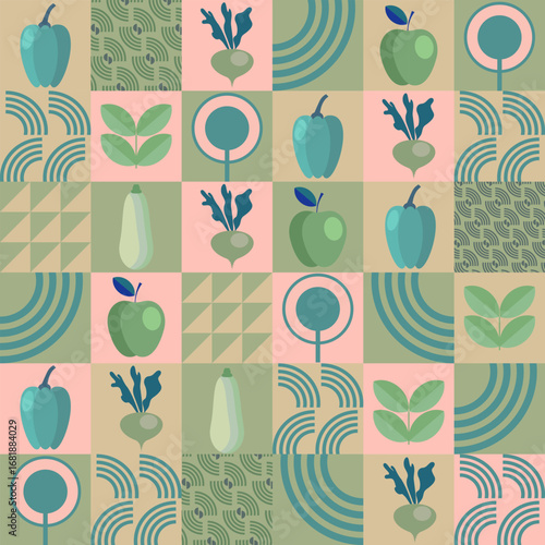 Vegan food vector banner. Eco vegetables and fruit, avocado, cucumber, onion , broccoli, pear. Farm market background. Package template.