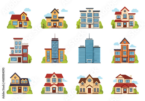 Set of flat style houses, office, and apartment buildings, featuring suburban homes, modern residences, and high-rise apartments, ideal for real estate, property, and urban living concepts