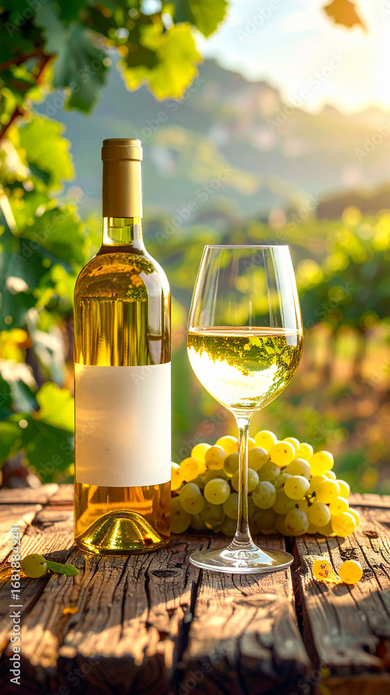 Fototapeta premium Elegance of the Vineyard: Unlabeled White Wine Bottle and Glass on a Weathered Tabletop, Highlighted by Soft Light and Green Grapes, A Fresh and Inviting Composition.