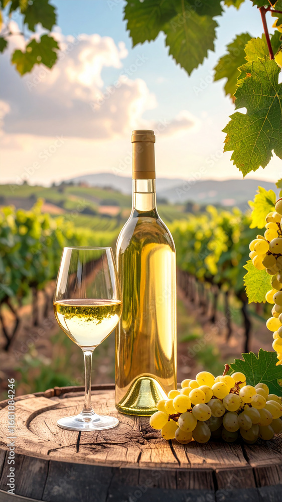 Fototapeta premium Elegance of the Vineyard: Unlabeled White Wine Bottle and Glass on a Weathered Tabletop, Highlighted by Soft Light and Green Grapes, A Fresh and Inviting Composition.