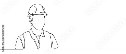 Continuous line of Close-up of Engineer wearing safety helmet. Hand drawn vector art line. Editable stroke.