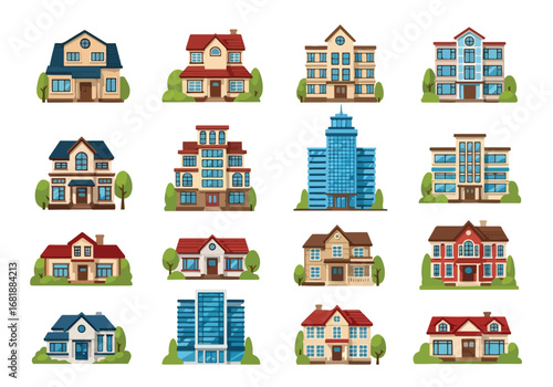 Set of flat style houses, office, and apartment buildings, featuring suburban homes, modern residences, and high-rise apartments, ideal for real estate, property, and urban living concepts