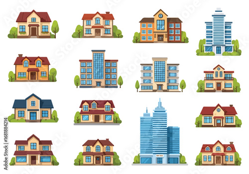 Set of flat style houses, office, and apartment buildings, featuring suburban homes, modern residences, and high-rise apartments, ideal for real estate, property, and urban living concepts