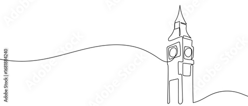 Continuous line of Clock Tower Time. Hand drawn vector art line. Editable stroke.