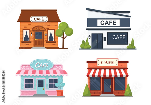 Set of flat style cafe illustrations, showcasing modern, vintage, and cozy coffeehouse designs, perfect for food, drink, restaurant, and lifestyle concepts