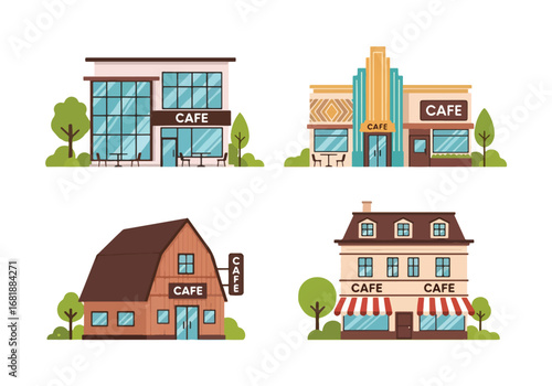 Set of flat style cafe illustrations, showcasing modern, vintage, and cozy coffeehouse designs, perfect for food, drink, restaurant, and lifestyle concepts